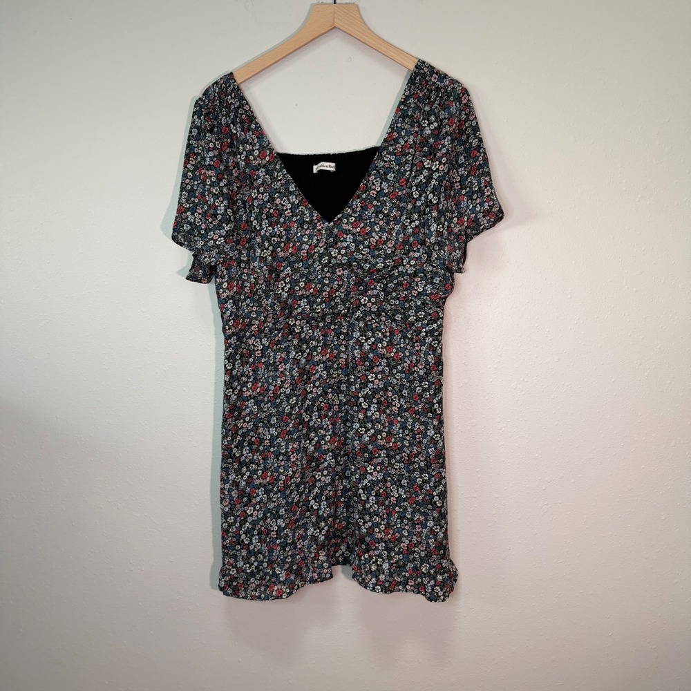 Abercrombie & Fitch Mini Dress Womens XL Black Floral Smocked Boho Cottagecore - Picture 2 of 16